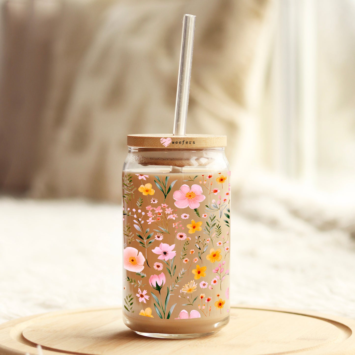 Pink Dainty Flowers 16oz Libbey Glass Can UV DTF or Sublimation Wrap - Transfer - Weefers