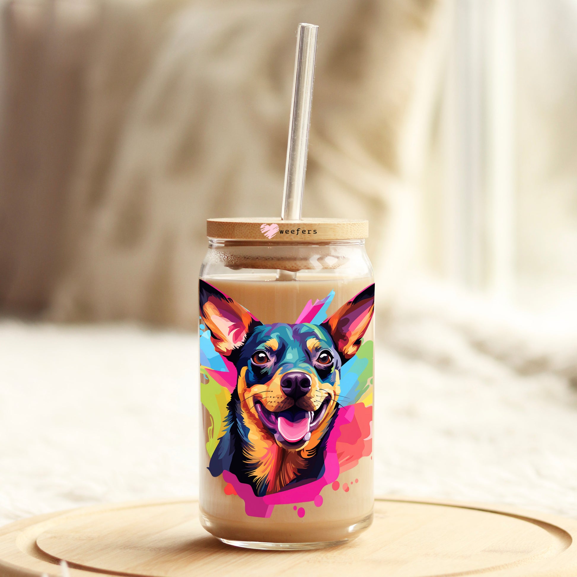 Miniature Pinscher Colorful Watercolor 16oz Libbey Glass Can UV DTF or Sublimation Wrap - Decal - Weefers