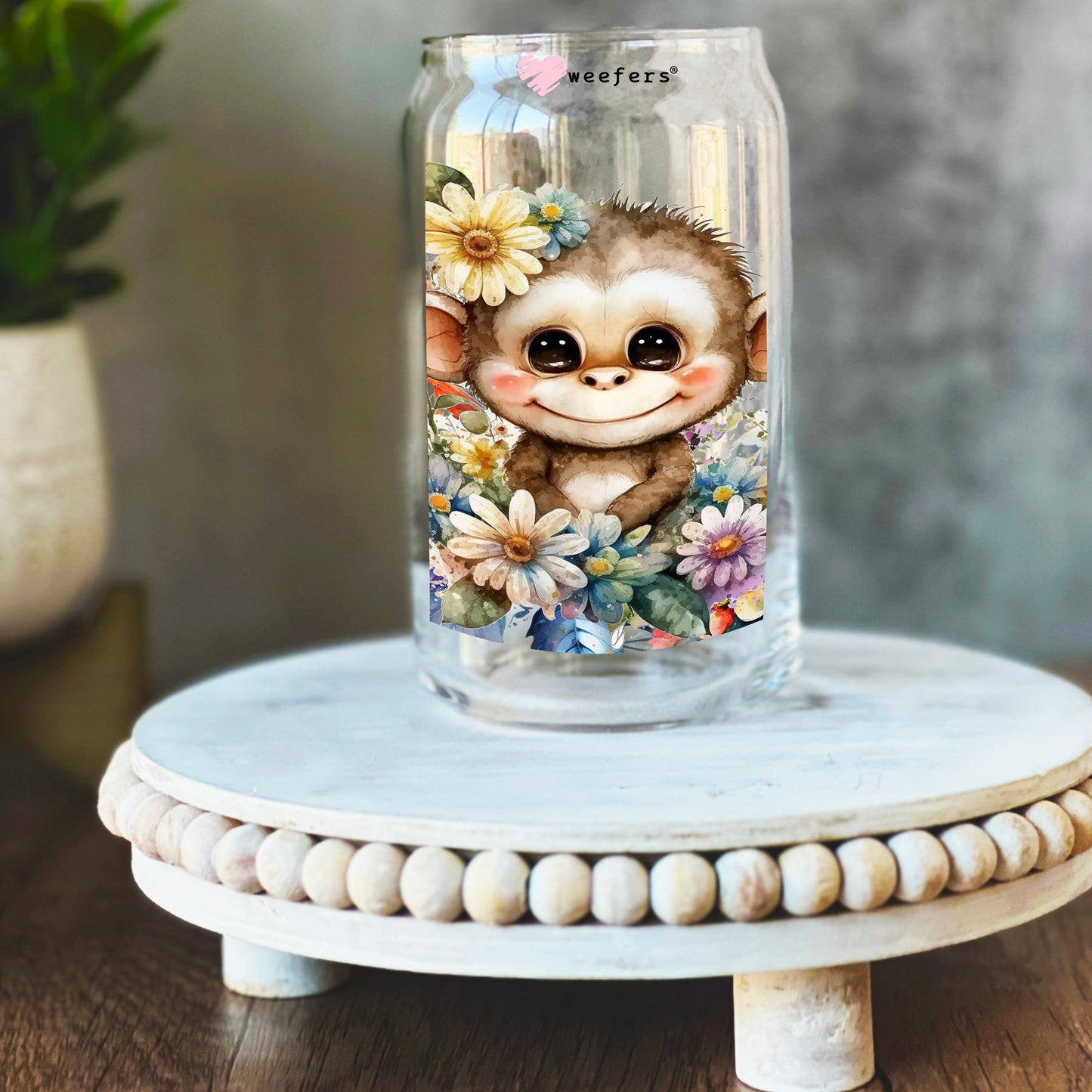 Cute Floral Monkey 16oz Libbey Glass Can UV DTF or Sublimation Wrap Transfer - Weefers