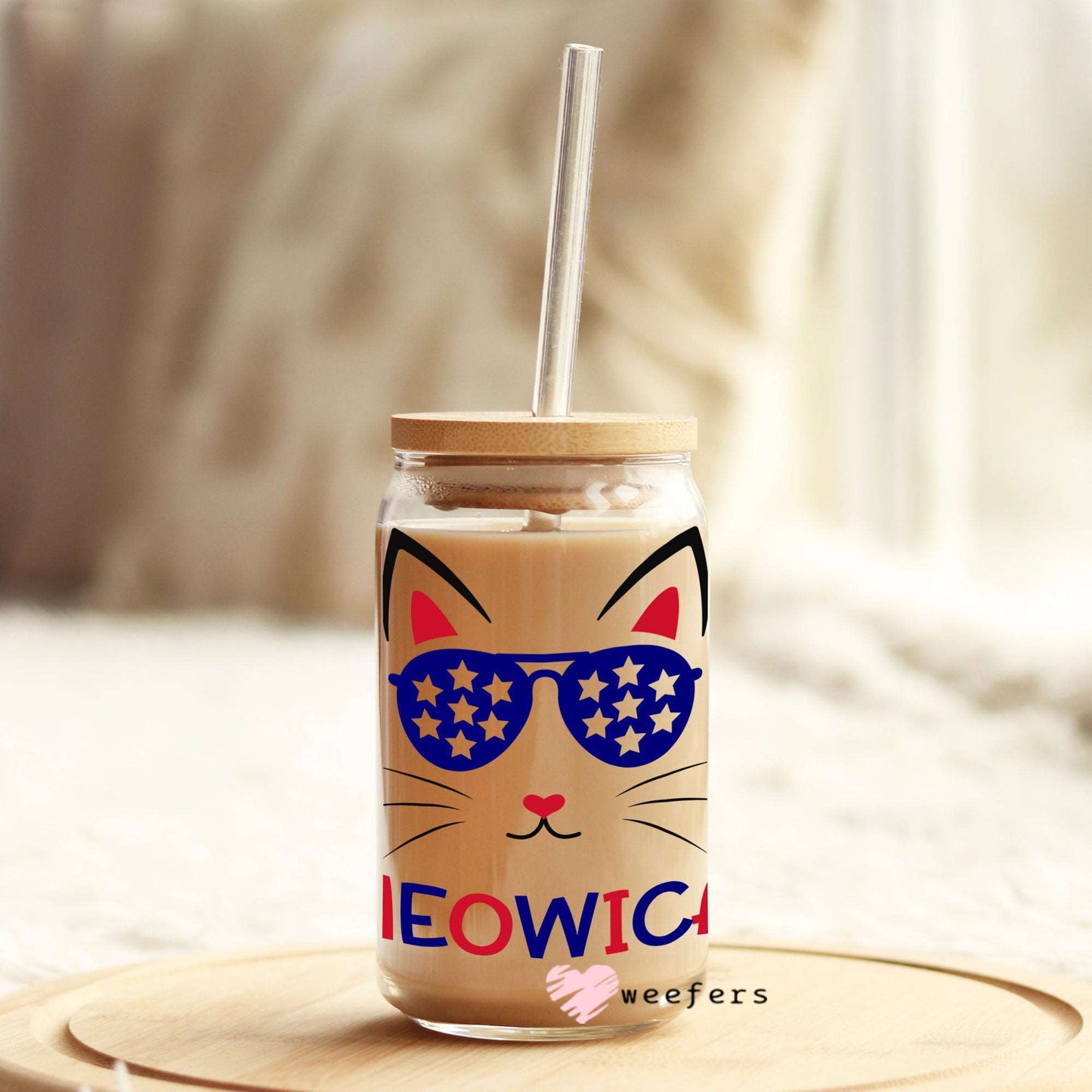 4th of July Meowica Cat 16oz Libbey Glass Can UV DTF or Sublimation Wrap - Decal - Weefers