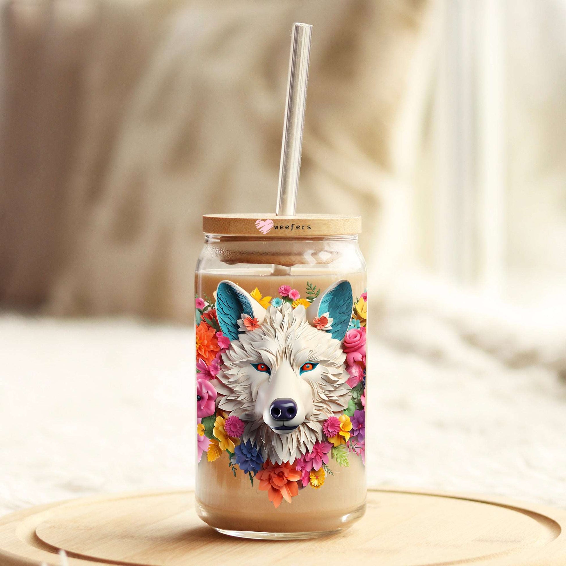 3D White Wolf Floral 16oz Libbey Glass Can UV DTF or Sublimation Cup Wrap - Decal Transfer - Weefers