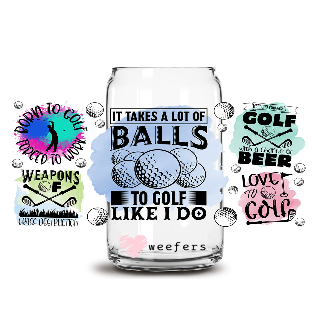 a glass with a picture of a golf ball on it