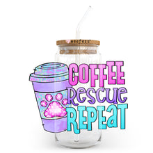 Load image into Gallery viewer, a glass jar with a straw in it with the words coffee rescue repeat on it
