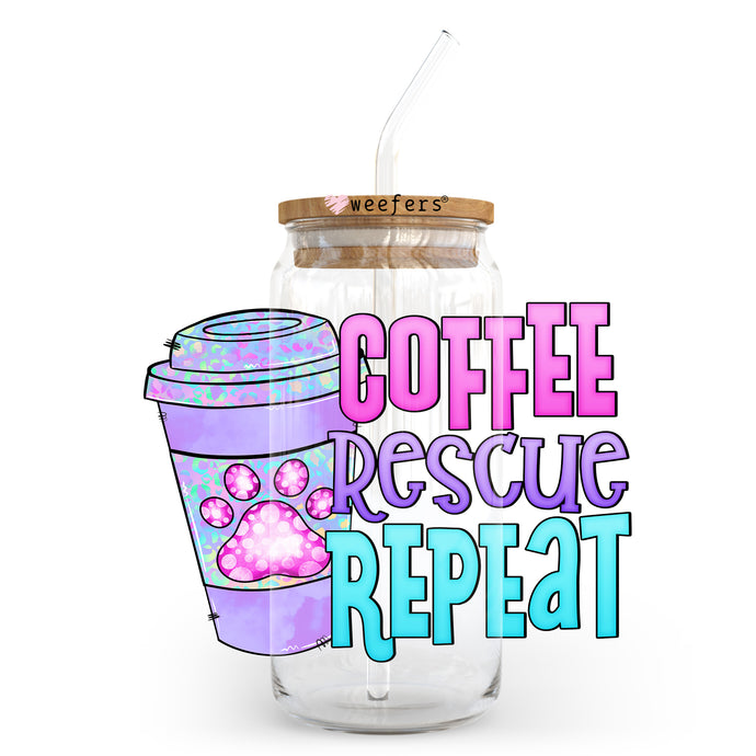 a glass jar with a straw in it with the words coffee rescue repeat on it