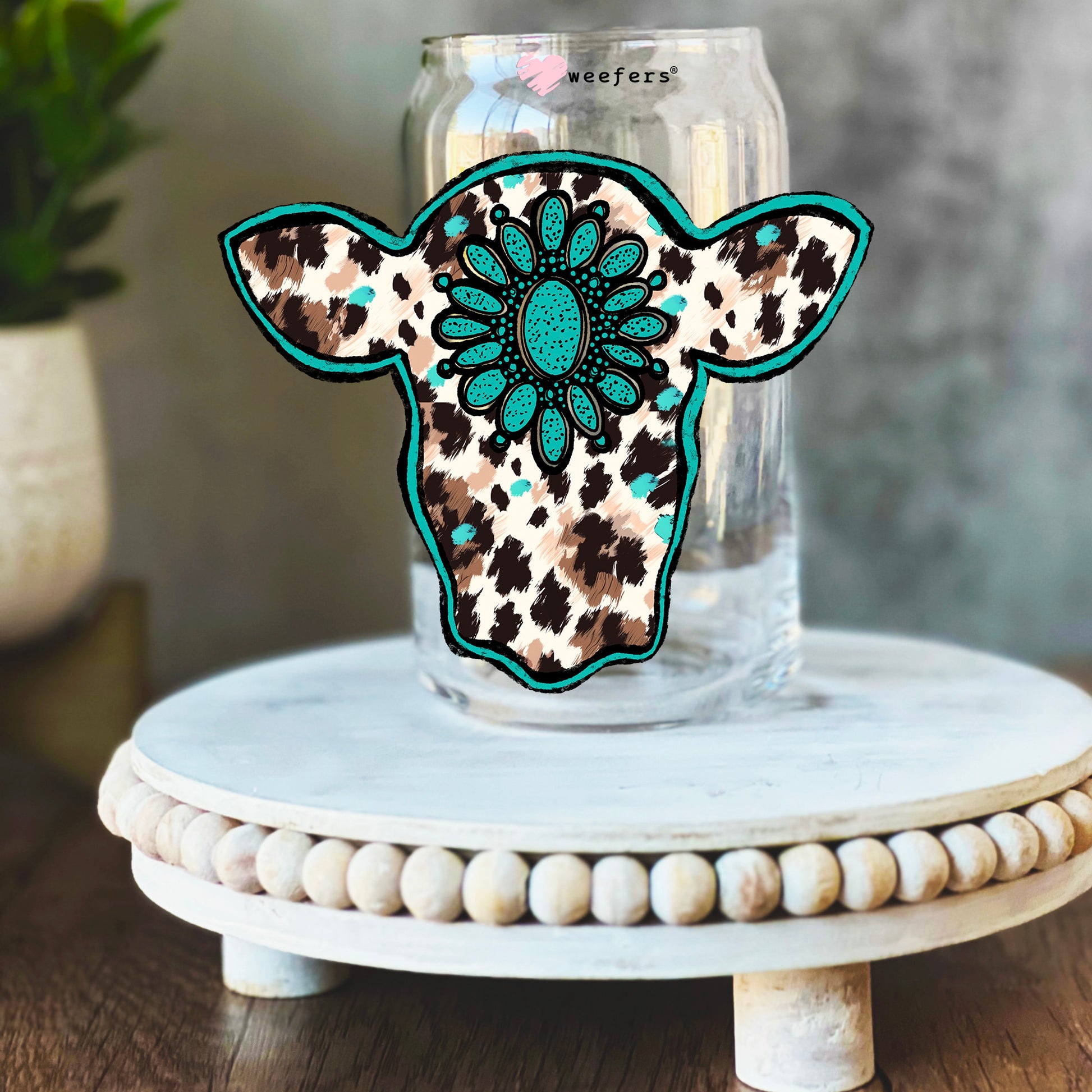 Cow Head Turquoise 16oz Libbey Glass Can UV DTF or Sublimation Wrap Decal Transfer - Weefers