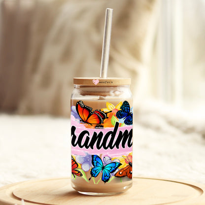 Grandma Colorful Butterflies 16oz Libbey Glass Can UV DTF or Sublimation Wrap Decal Transfer - Weefers