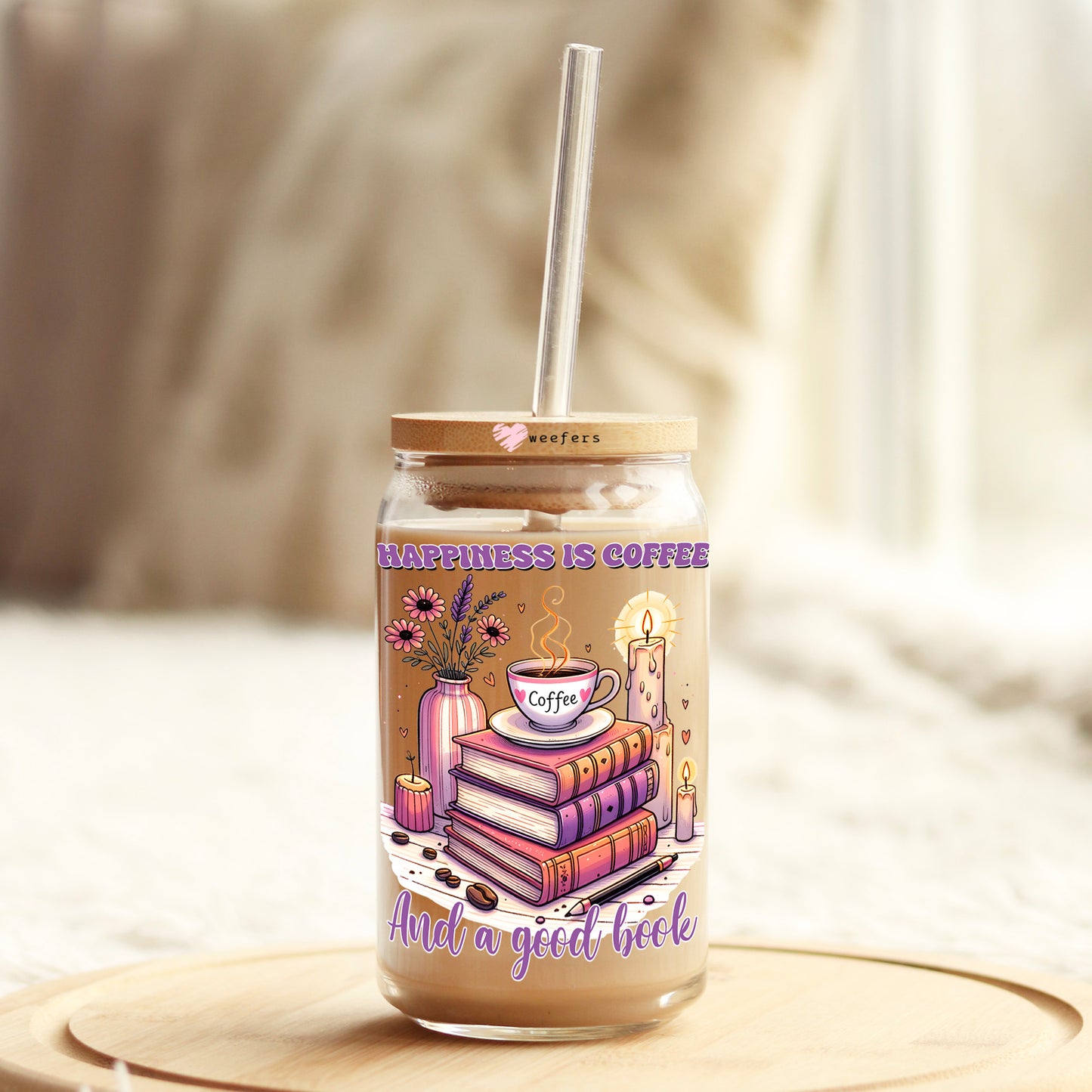 Happiness is Coffee and a Good Book 16oz Libbey Glass Can UV DTF or Sublimation Wrap - Decal - Weefers