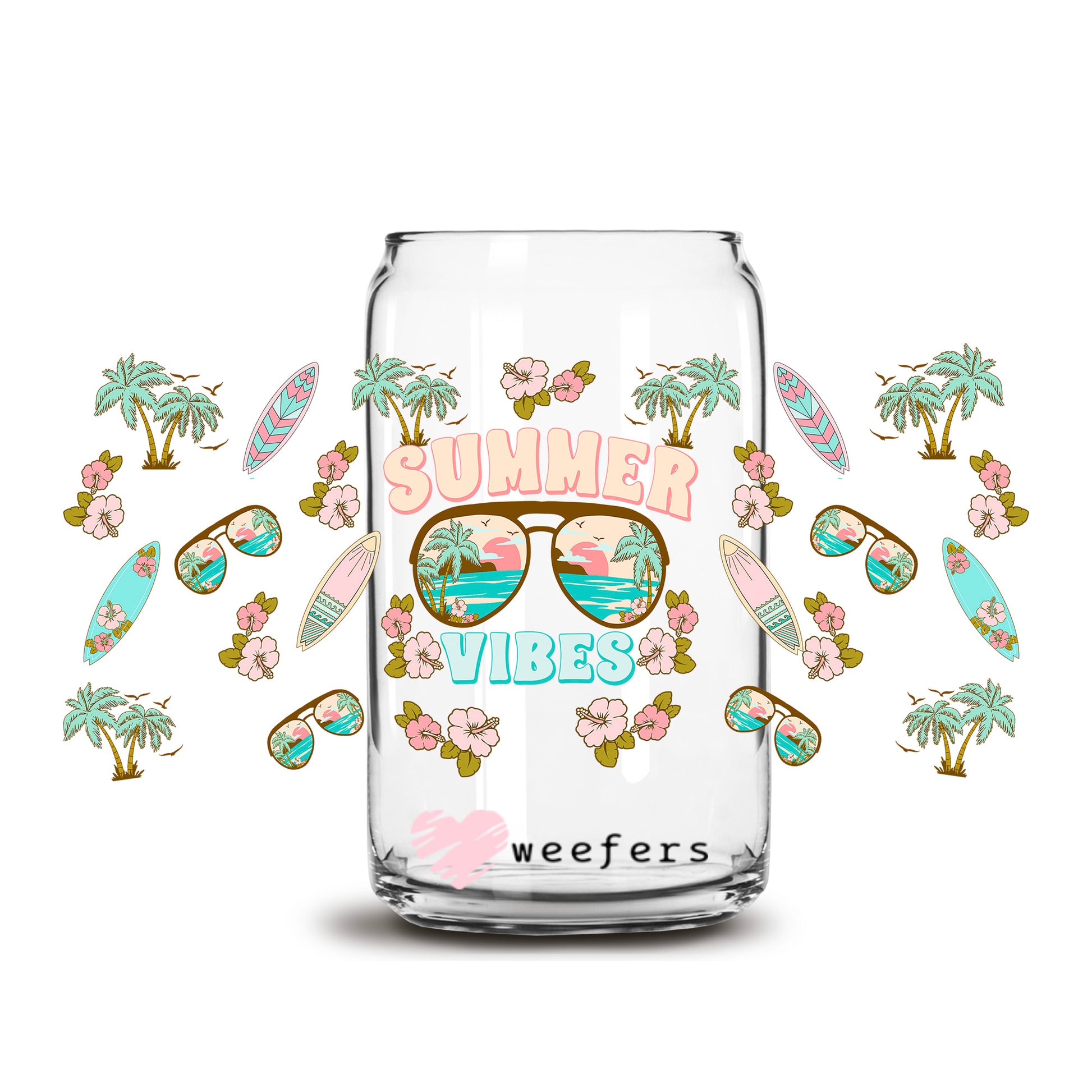 Summer Vibes Surfboards and Sunglasses 16oz Libbey Glass Can UV DTF or Sublimation Wrap Transfer - Weefers