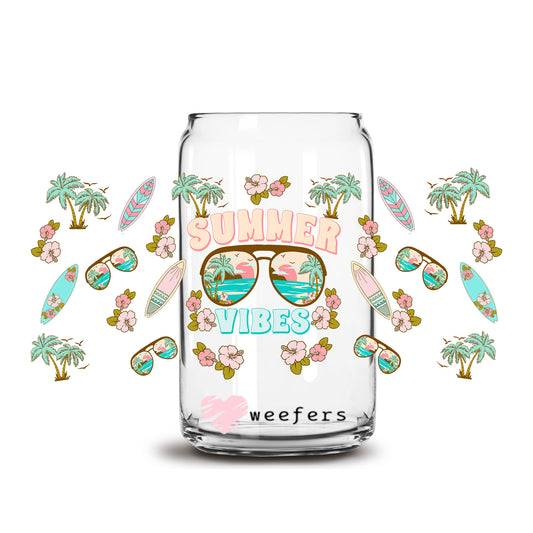 Summer Vibes Surfboards and Sunglasses 16oz Libbey Glass Can UV DTF or Sublimation Wrap Transfer - Weefers