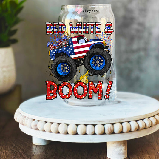 Red White Boom 4th of July 16oz Libbey Glass Can UV DTF or Sublimation Wrap Decal Transfer - Weefers