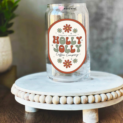 Red Outline Freshly Brewed Holly Jolly Coffee Company 16oz Libbey Glass Can UV DTF or Sublimation Wrap Decal Transfer - Weefers