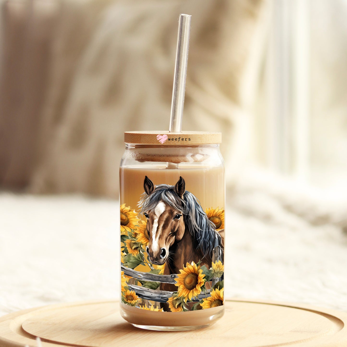 Horse Sunflowers 16oz Libbey Glass Can UV DTF or Sublimation Wrap - Transfer - Weefers