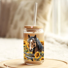 Load image into Gallery viewer, a mason jar with a horse and sunflowers on it
