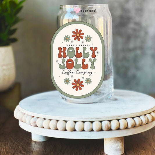 Green Outline Freshly Brewed Holly Jolly Coffee Company 16oz Libbey Glass Can UV DTF or Sublimation Wrap Decal Transfer - Weefers