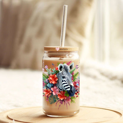 3D Zebra Floral 16oz Libbey Glass Can UV DTF or Sublimation Cup Wrap - Decal Transfer - Weefers