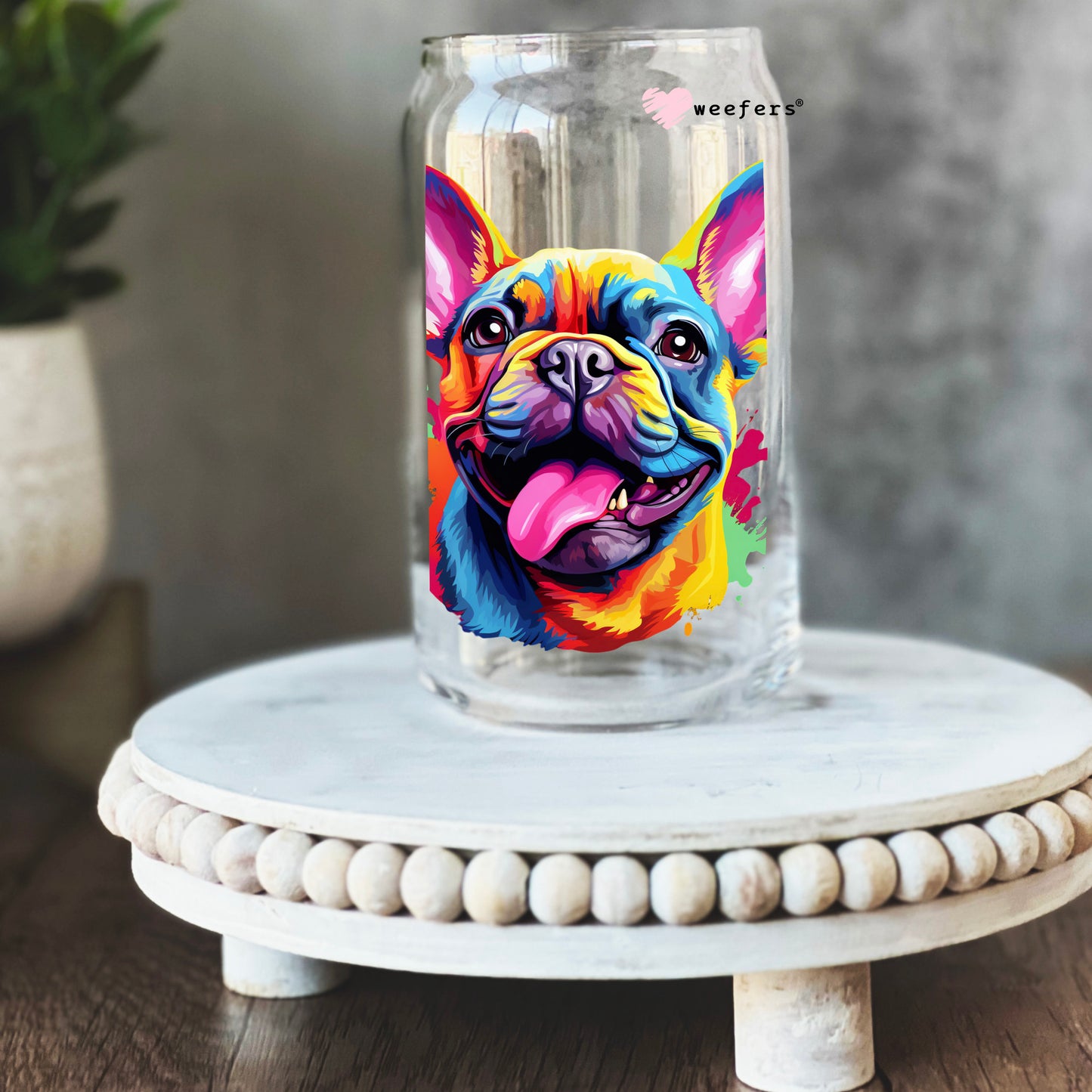 French Bulldog Colorful Watercolor 16oz Libbey Glass Can UV DTF or Sublimation Wrap - Decal - Weefers