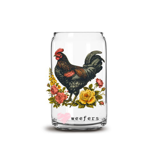 Vintage Floral Rooster 16oz Libbey Glass Can UV DTF or Sublimation Wrap - Decal - Weefers