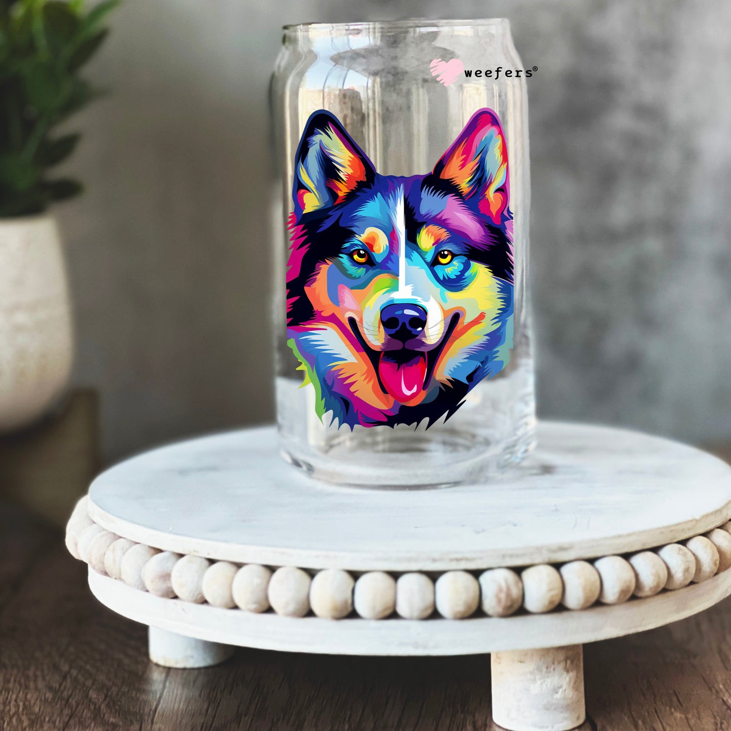 Husky Colorful Watercolor 16oz Libbey Glass Can UV DTF or Sublimation Wrap - Decal - Weefers