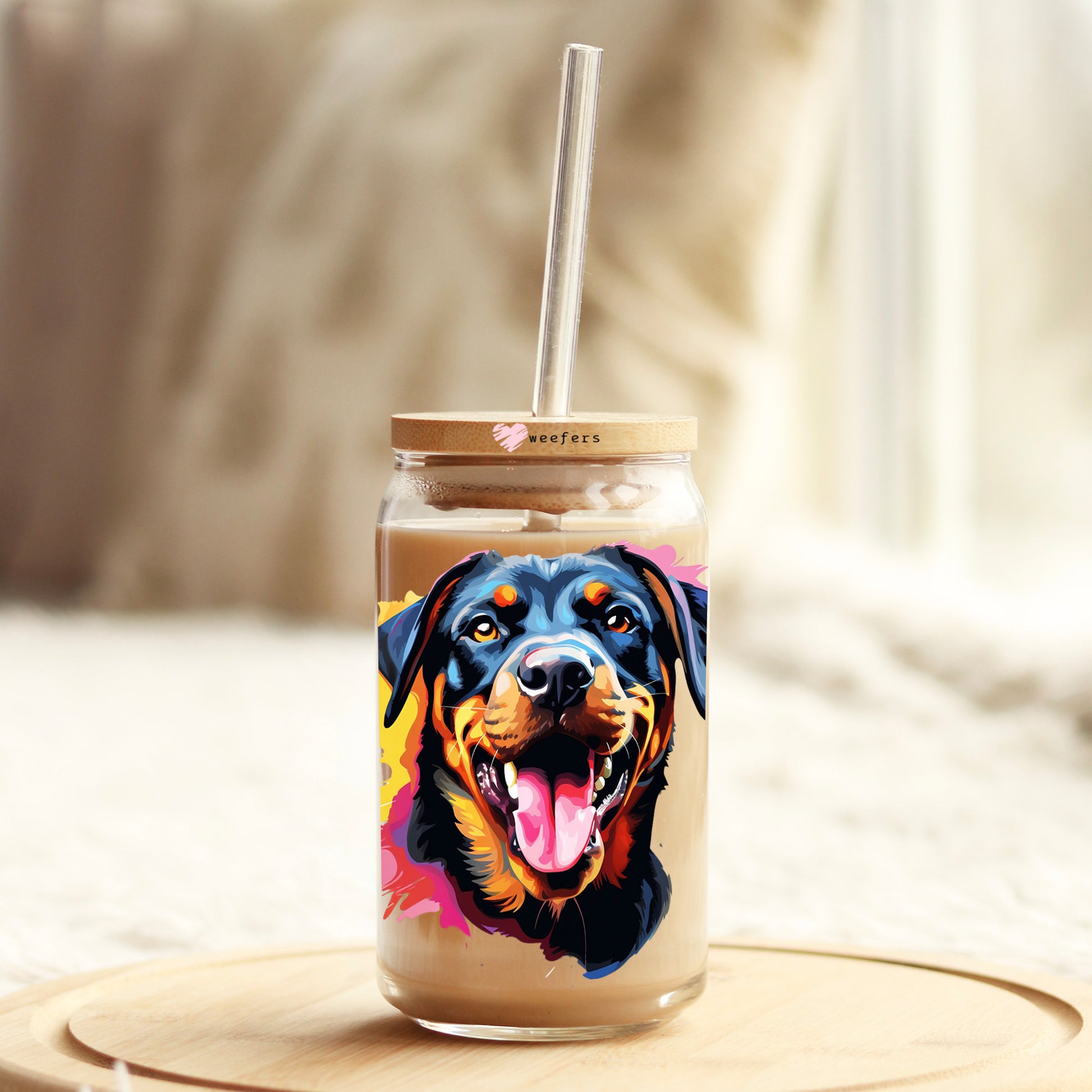 Rottweiler Colorful Watercolor 16oz Libbey Glass Can UV DTF or Sublimation Wrap - Decal - Weefers