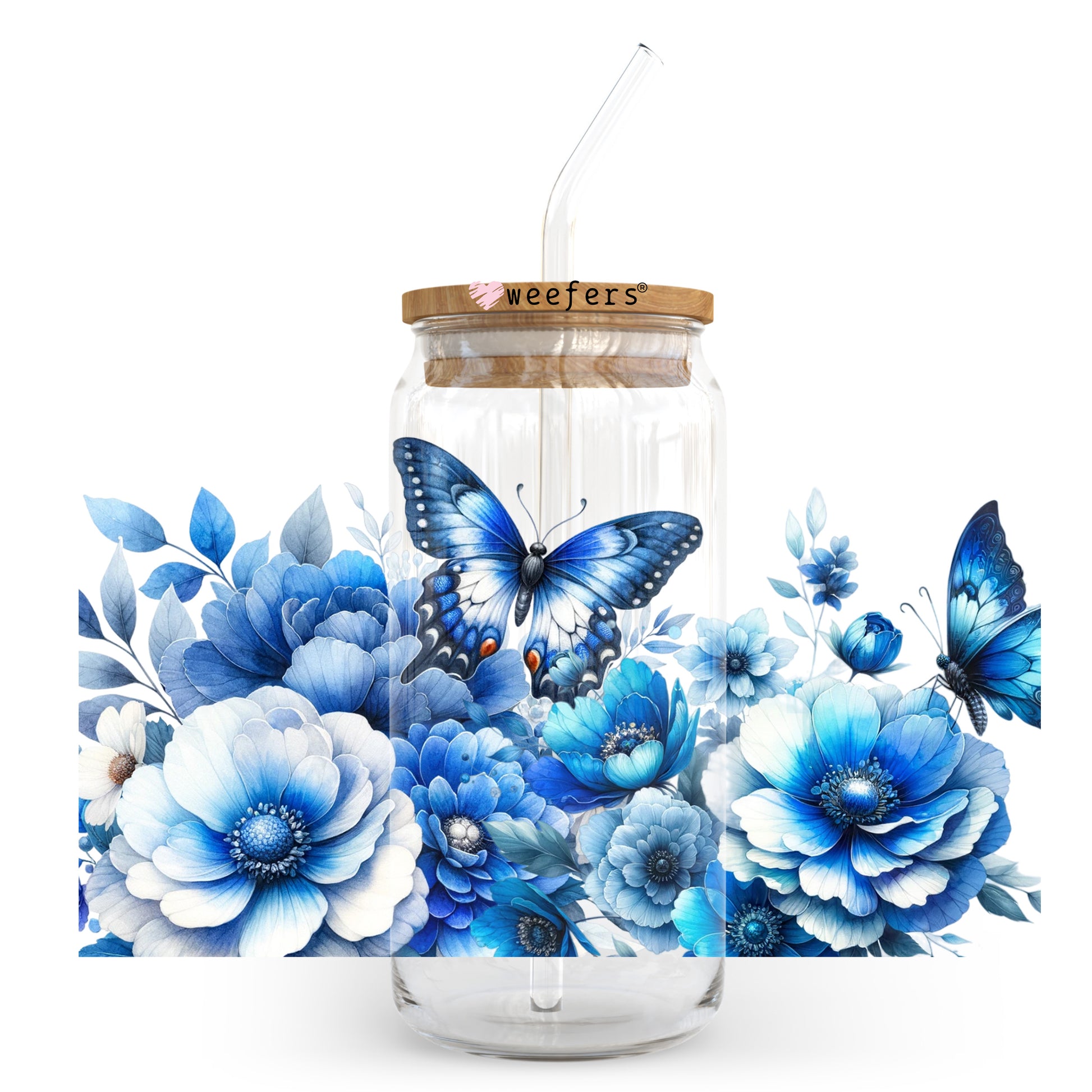 Blue Butterfly Floral 20oz Libbey Glass Can, 34oz Hip Sip, 40oz Tumbler, 24oz Cold Cup UV DTF or Sublimation Decal Transfer - Weefers