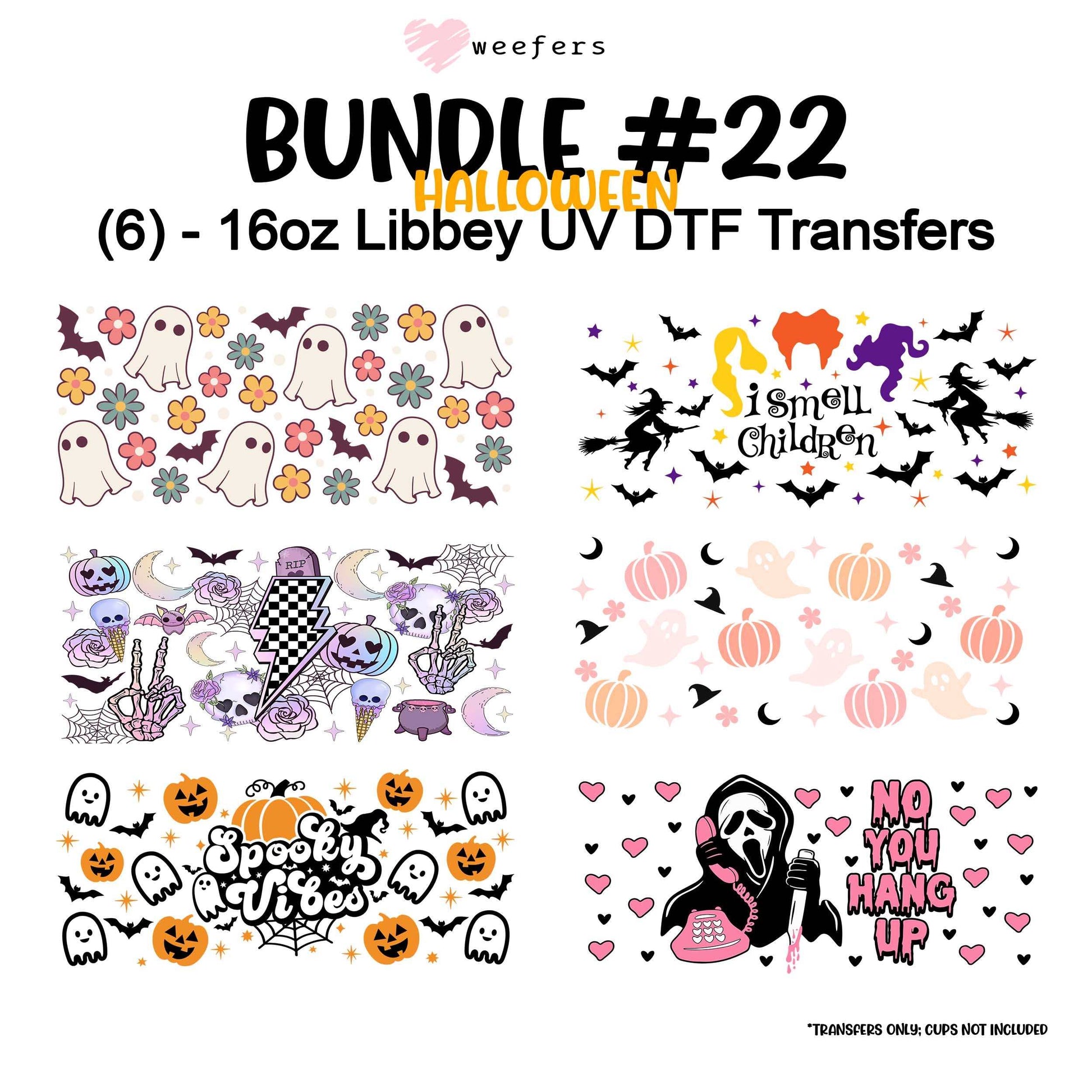 (6) Halloween Bundle #22 16oz Libbey Glass Can and Shot Glass UV DTF or Sublimation Wrap - Decal - Weefers