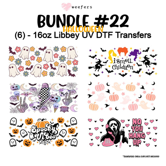 (6) Halloween Bundle #22 16oz Libbey Glass Can and Shot Glass UV DTF or Sublimation Wrap - Decal - Weefers