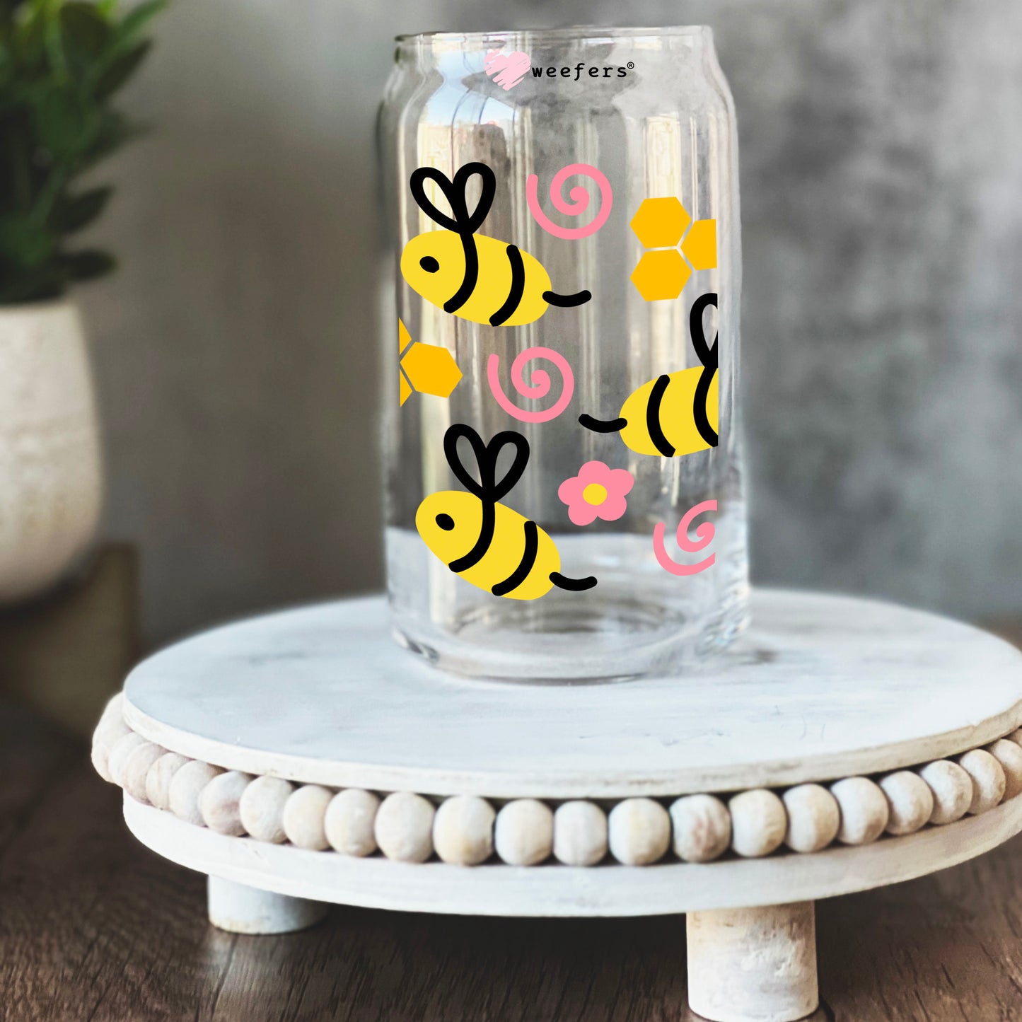 Whimsical Bumble bees 16oz Libbey Glass Can UV DTF or Sublimation Wrap - Transfer - Weefers