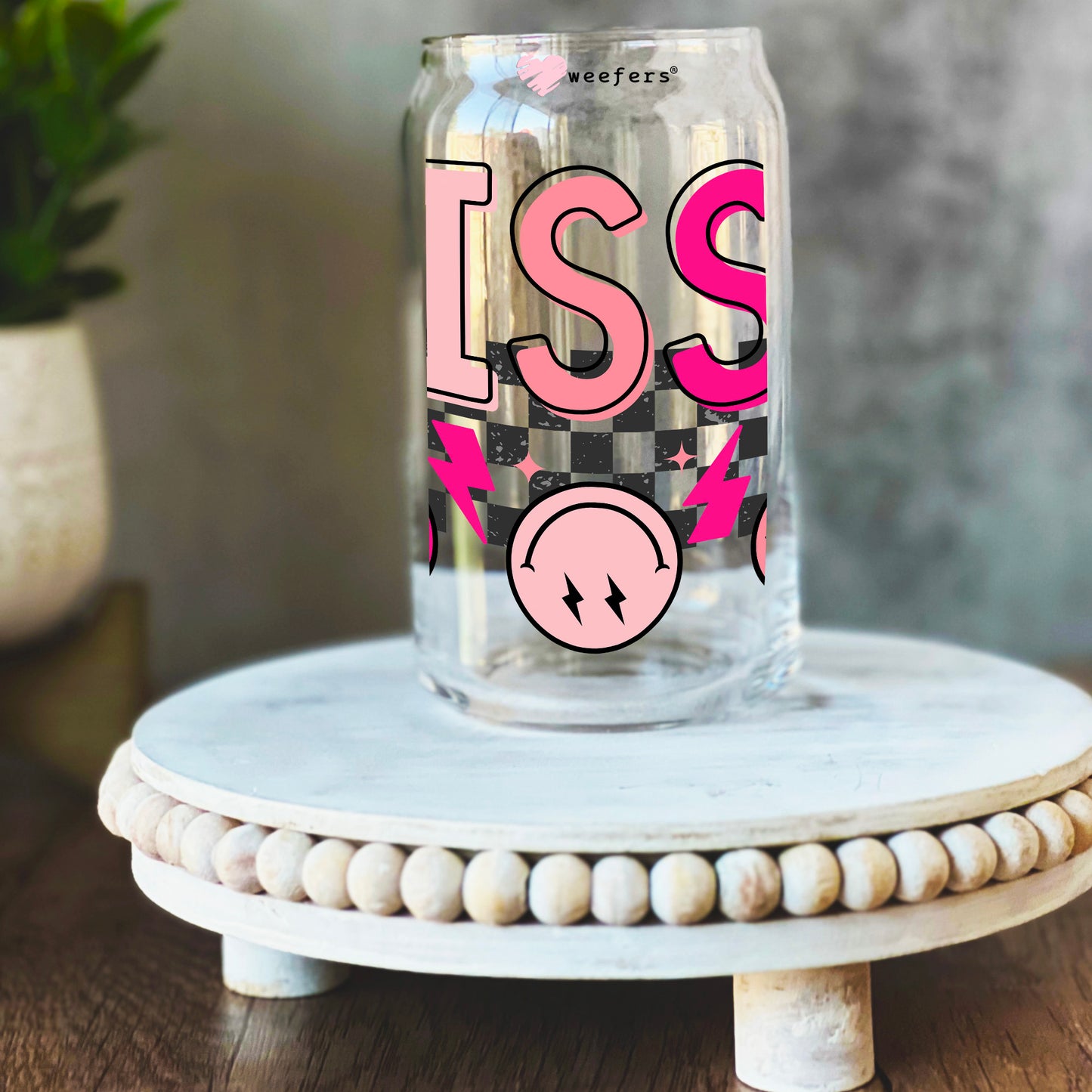 Sissy Checkered Pink 16oz Libbey Glass Can UV DTF or Sublimation Wrap Decal Transfer - Weefers