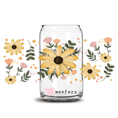 Yellow Florals 16oz Libbey Glass Can UV DTF or Sublimation Wrap Decal Transfer - Weefers