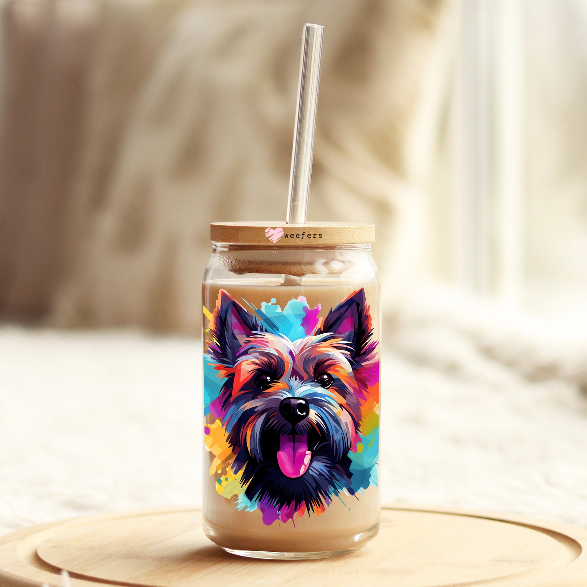 Cairn Terrier Colorful Watercolor 16oz Libbey Glass Can UV DTF or Sublimation Wrap - Decal - Weefers