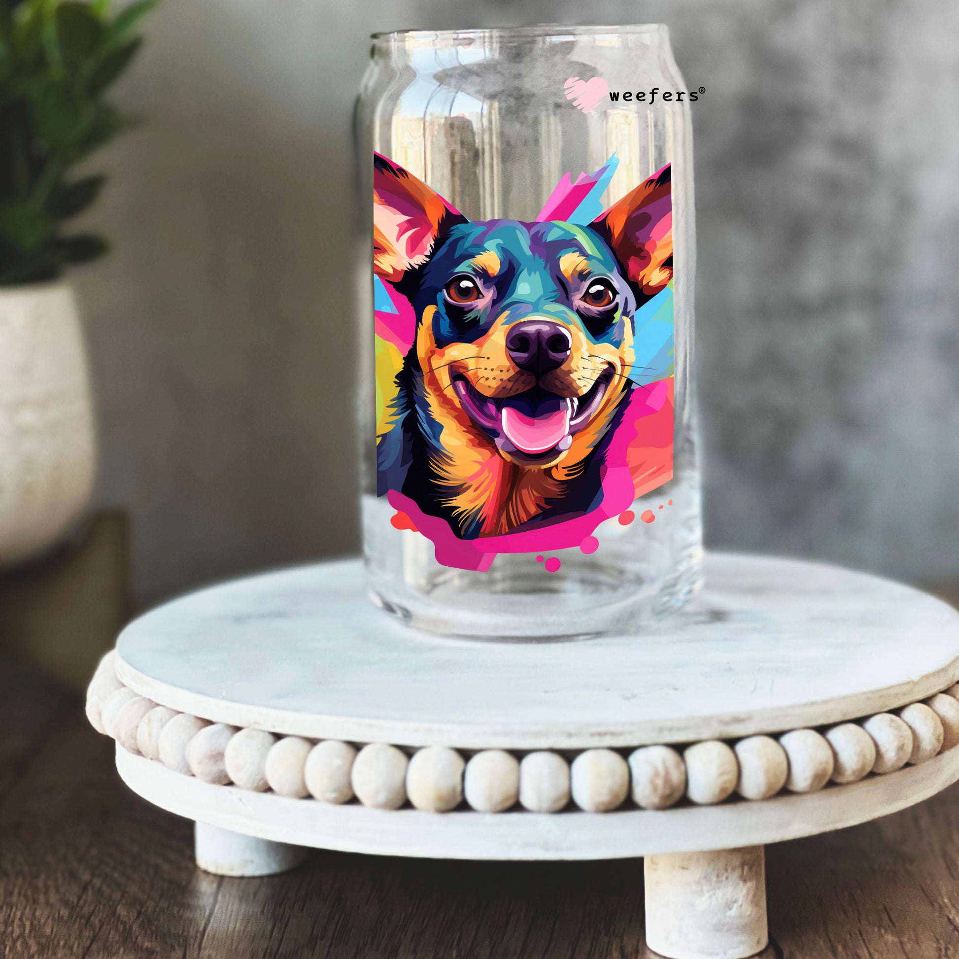 Miniature Pinscher Colorful Watercolor 16oz Libbey Glass Can UV DTF or Sublimation Wrap - Decal - Weefers