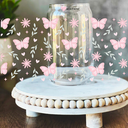 Dainty Pink Butterflies 16oz Libbey Glass Can UV DTF or Sublimation Wrap Decal Transfer - Weefers