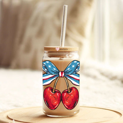 4th of July Bow Cherry 16oz Libbey Glass Can UV DTF or Sublimation Decal Transfer - Weefers