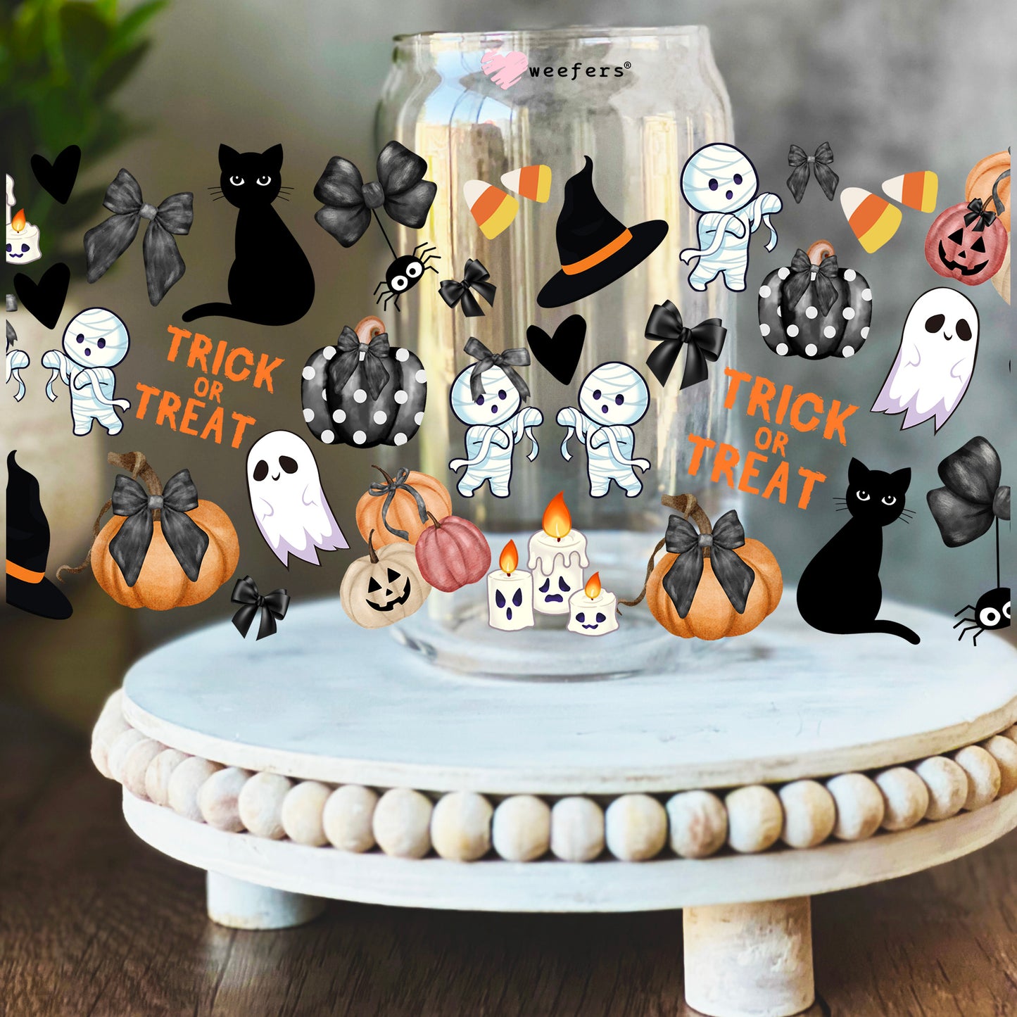 Halloween Cats Ghosts and Witches Oh My 16oz Libbey Glass Can UV DTF Decal Transfer - Weefers