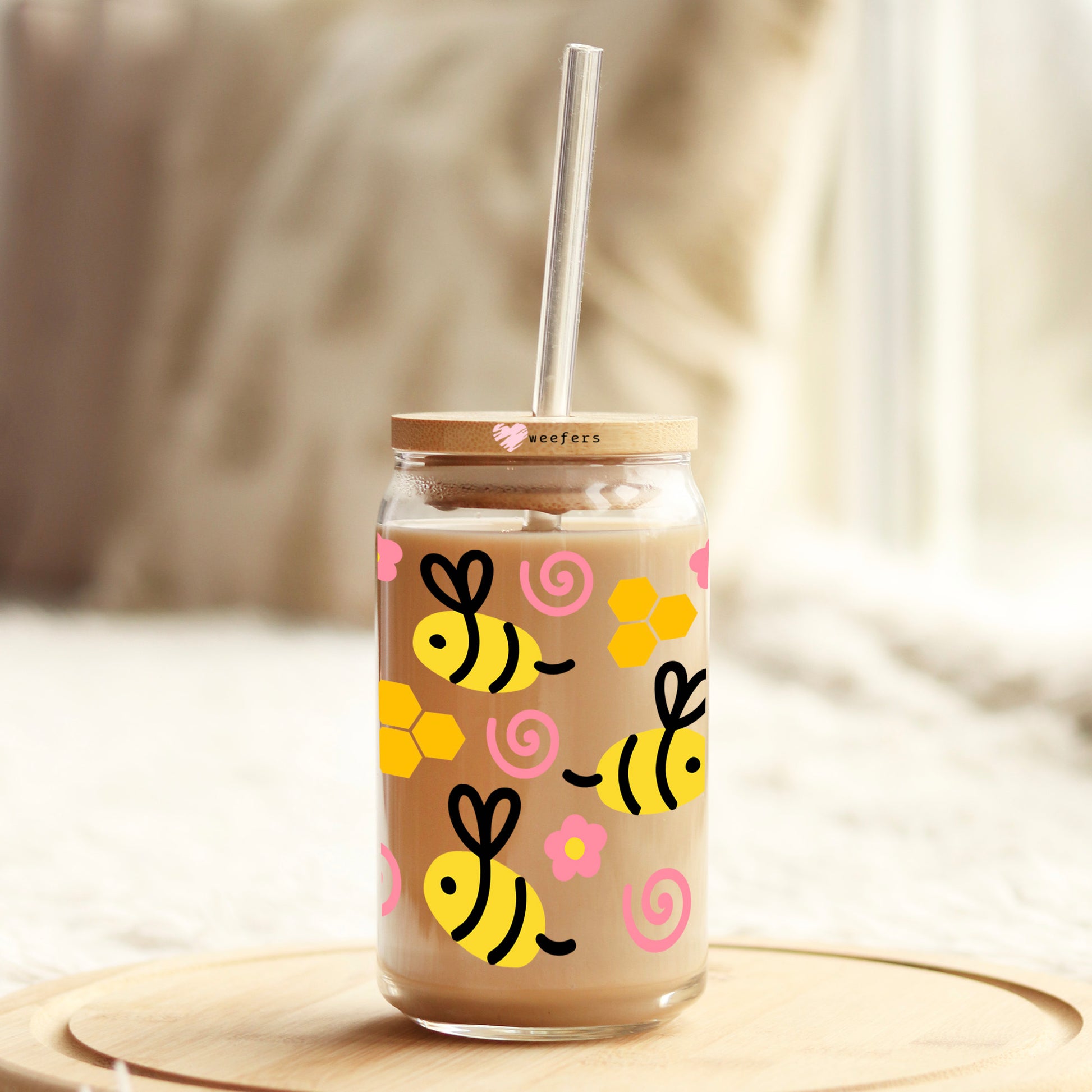 Whimsical Bumble bees 16oz Libbey Glass Can UV DTF or Sublimation Wrap - Transfer - Weefers