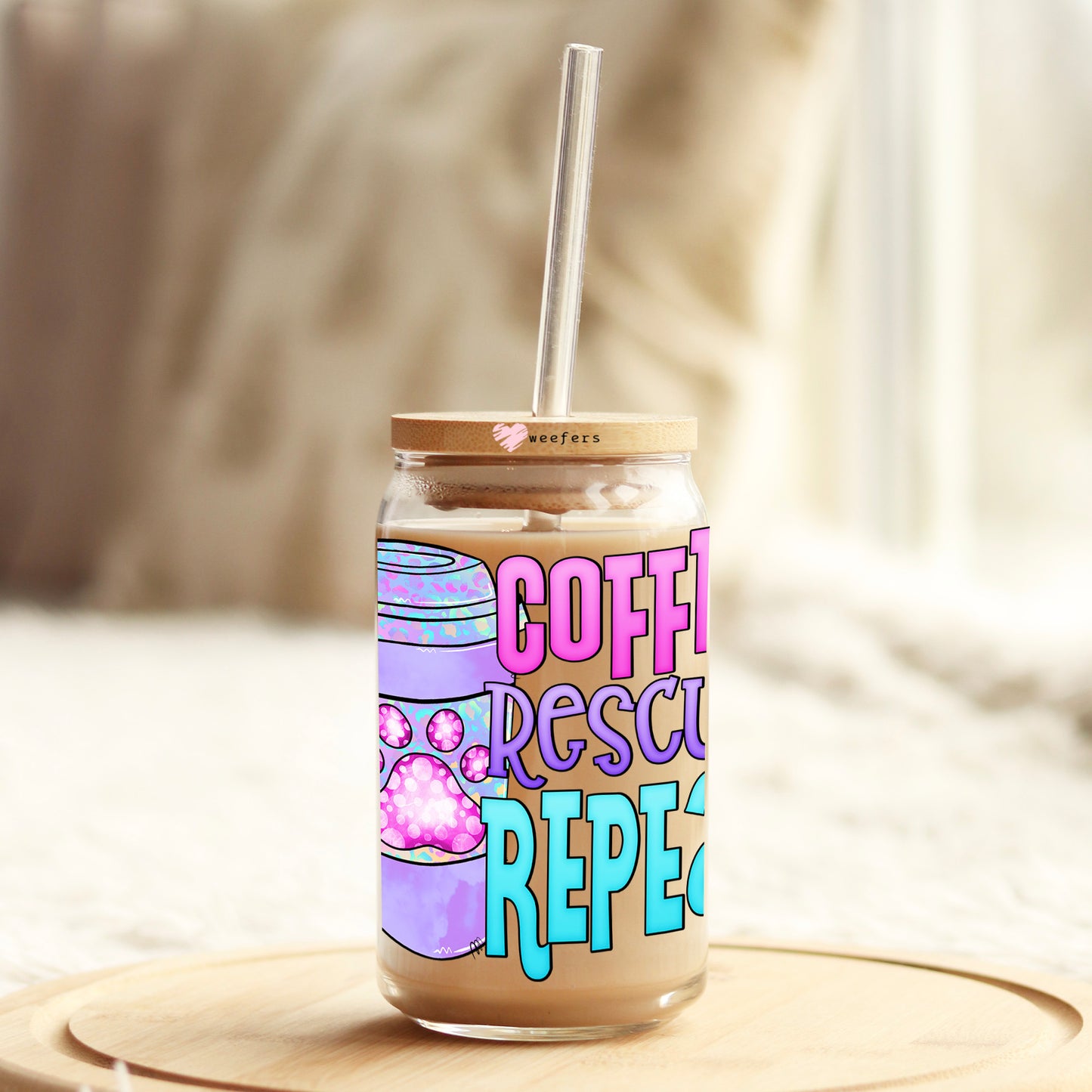 Coffee Rescue Repeat 16oz Libbey Glass Can UV DTF or Sublimation Wrap - Decal Transfer - Weefers