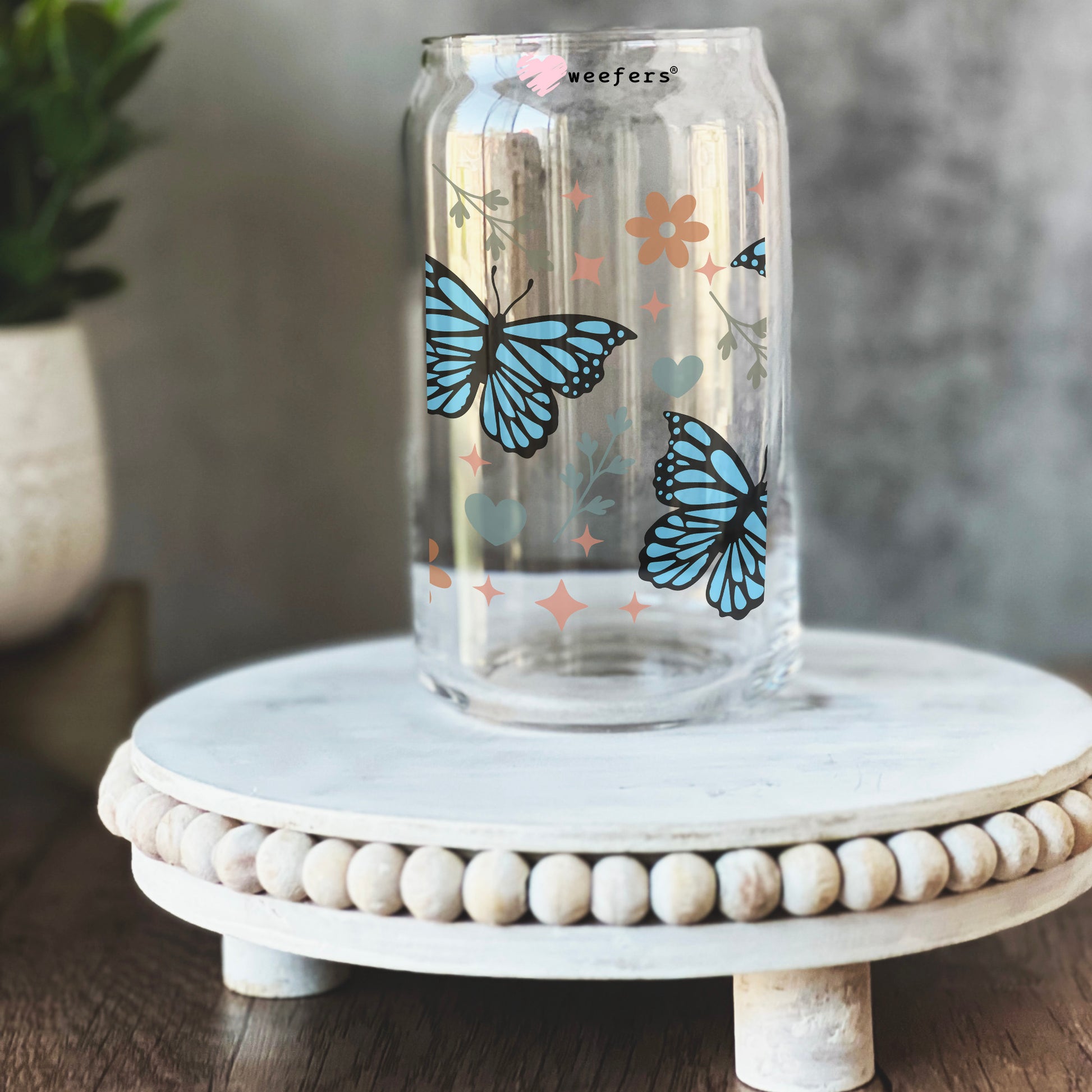 Blue Butterflies 16oz Libbey Glass Can UV DTF or Sublimation Wrap - Decal Transfer - Weefers