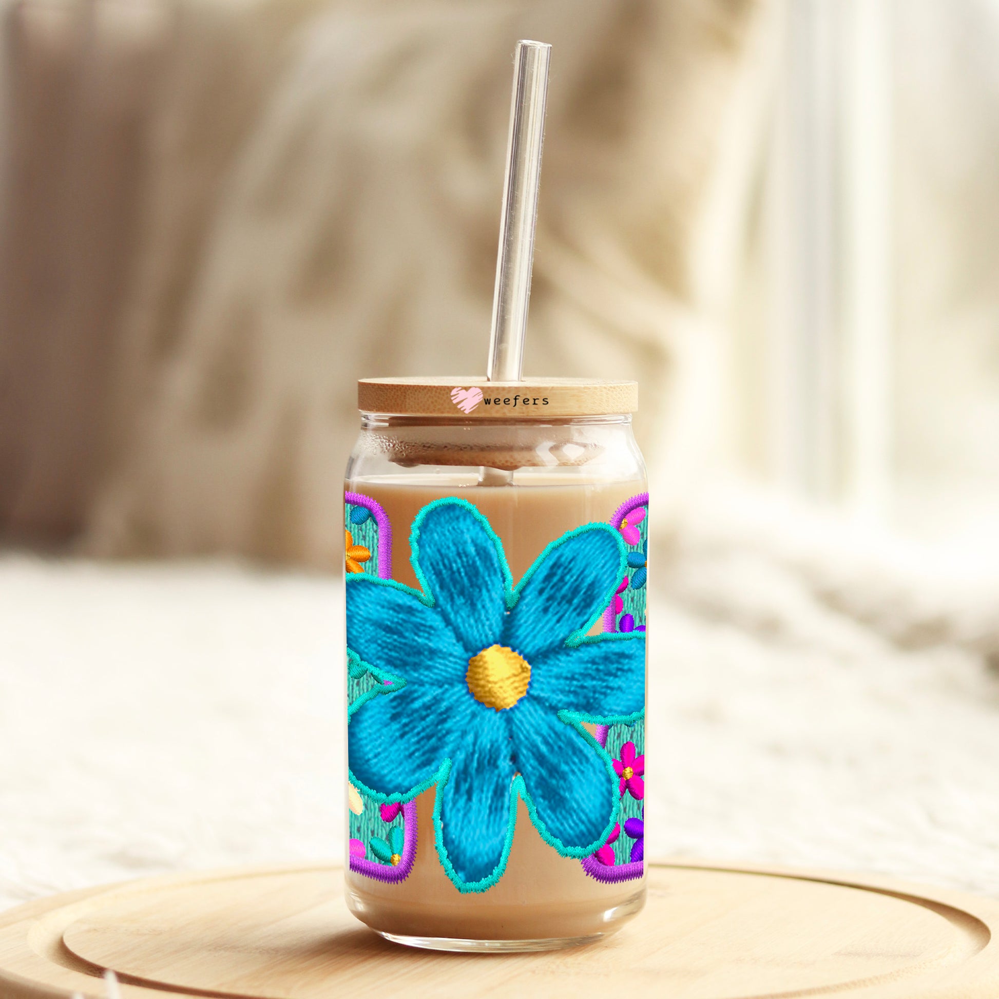 Mom Faux Embroidery Blue 16oz Libbey Glass Can UV DTF or Sublimation Wrap - Decal Transfer - Weefers