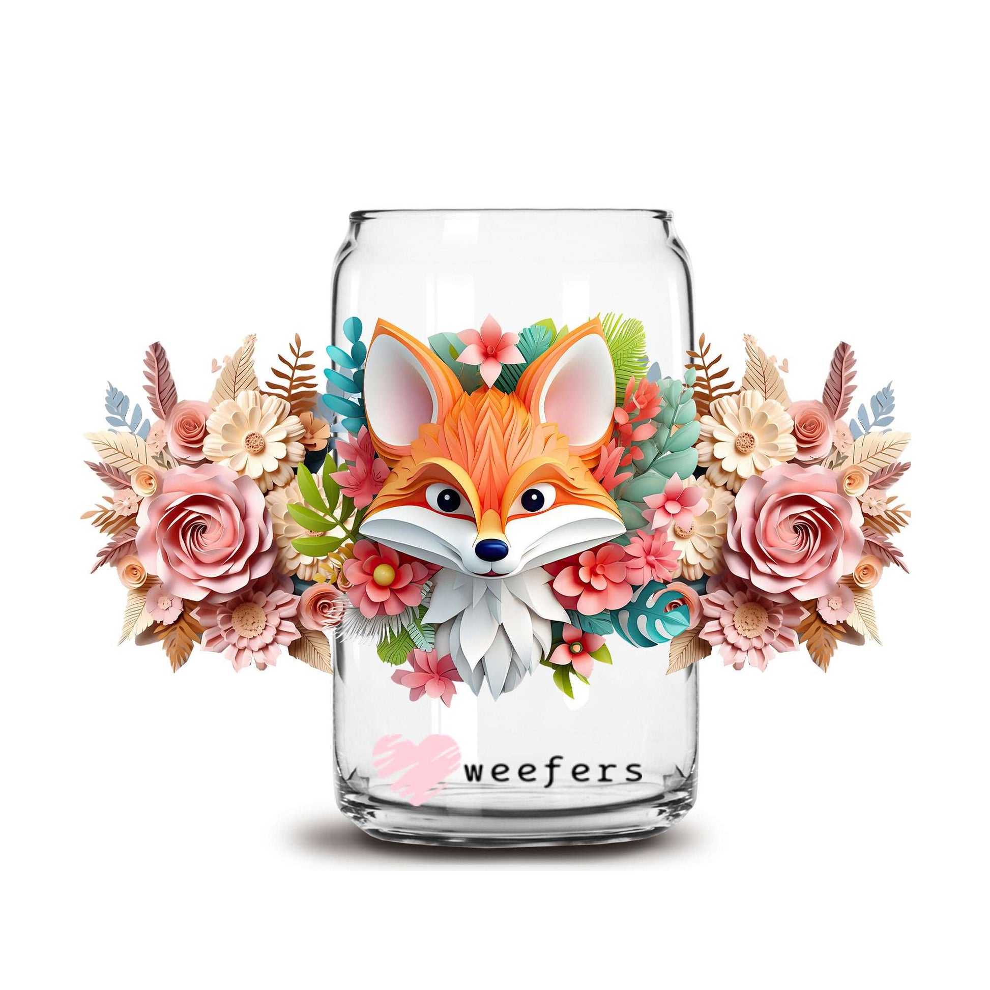 3D Fox Floral 16oz Libbey Glass Can UV DTF or Sublimation Cup Wrap - Decal Transfer - Weefers