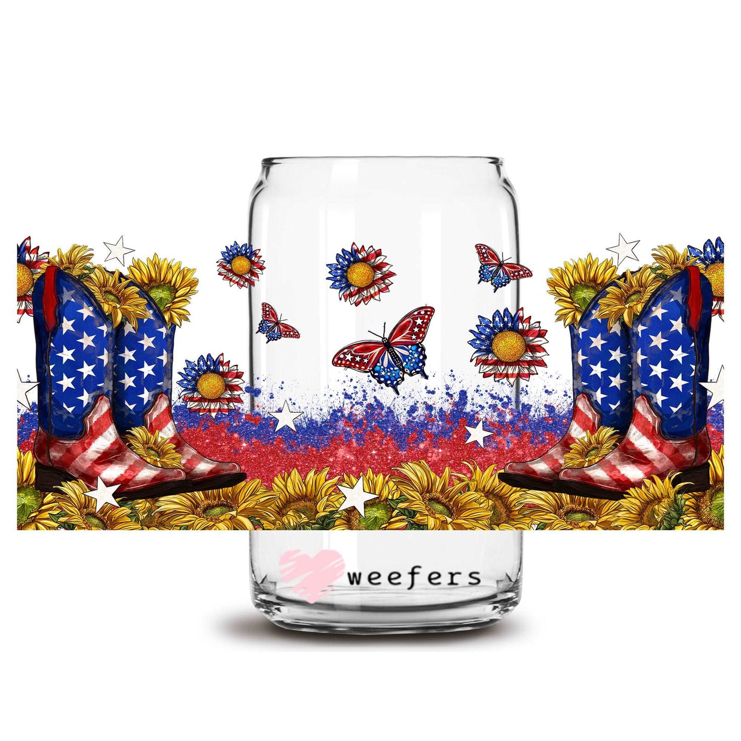 4th of July Cowboy Boots 16oz Libbey Glass Can UV DTF or Sublimation Wrap - Transfer - Weefers