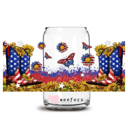 4th of July Cowboy Boots 16oz Libbey Glass Can UV DTF or Sublimation Wrap - Transfer - Weefers