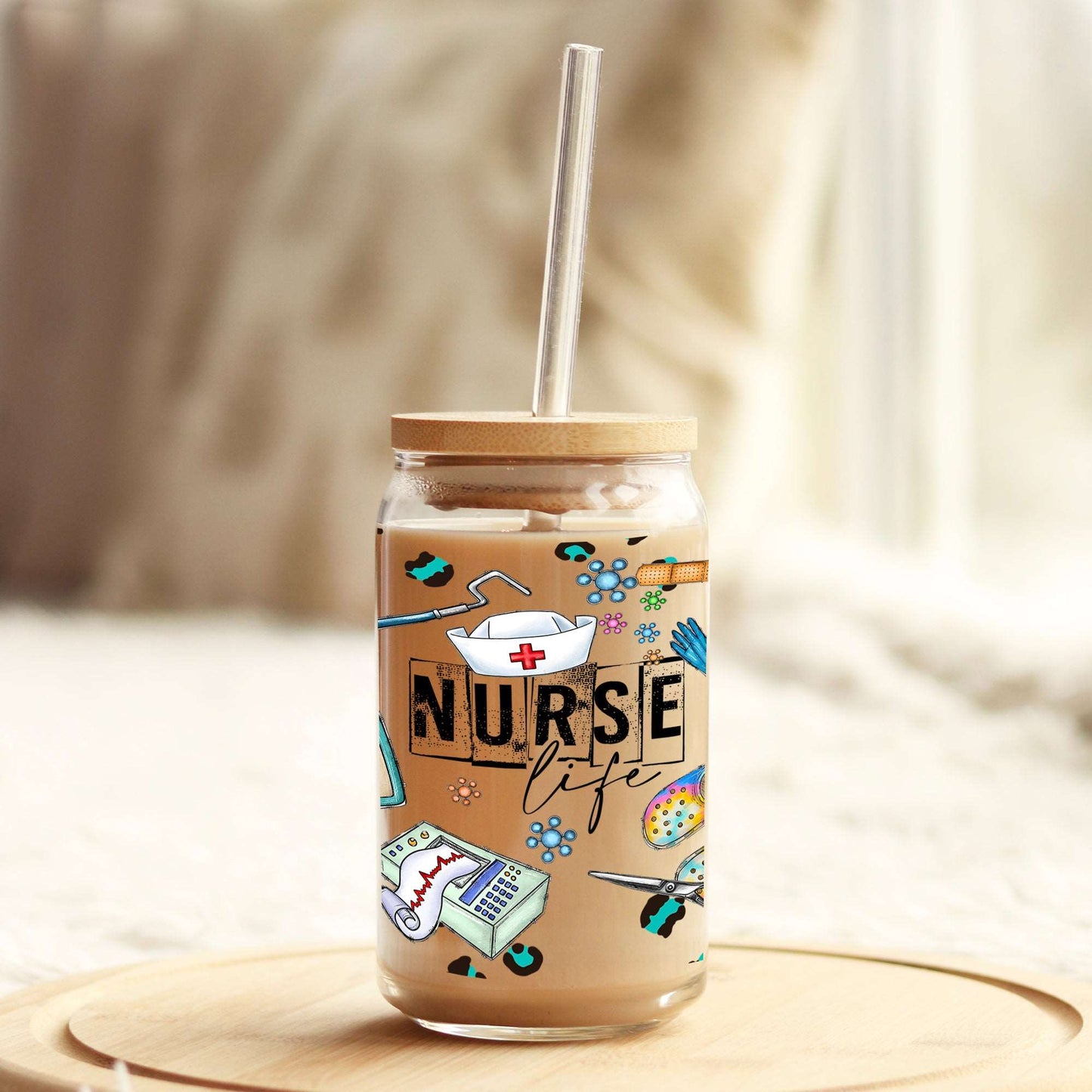 All about that Nurse Life  16oz Libbey Glass Can UV DTF or Sublimation Cup Wrap - Decal Transfer - Weefers