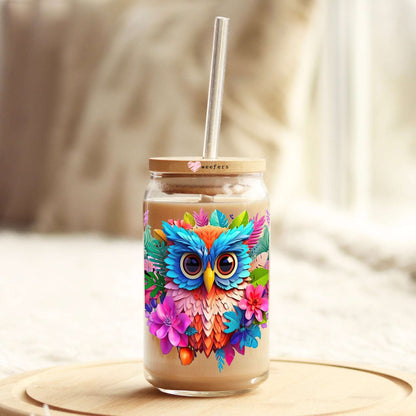 3D Owl Floral 16oz Libbey Glass Can UV DTF or Sublimation Cup Wrap - Decal Transfer - Weefers