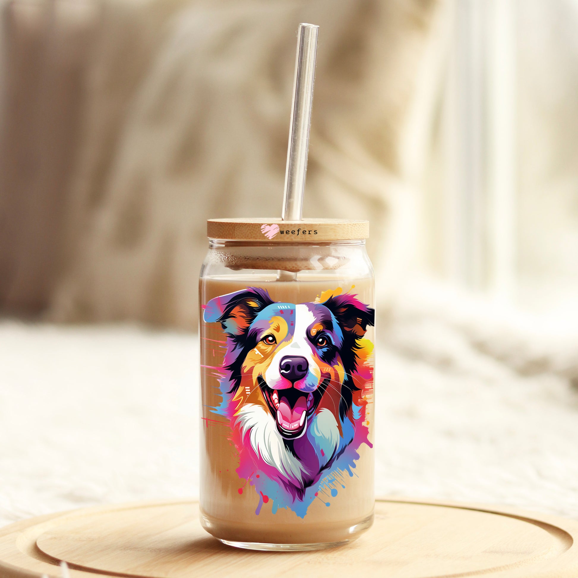 Border Collie Colorful Watercolor 16oz Libbey Glass Can UV DTF or Sublimation Wrap - Decal - Weefers