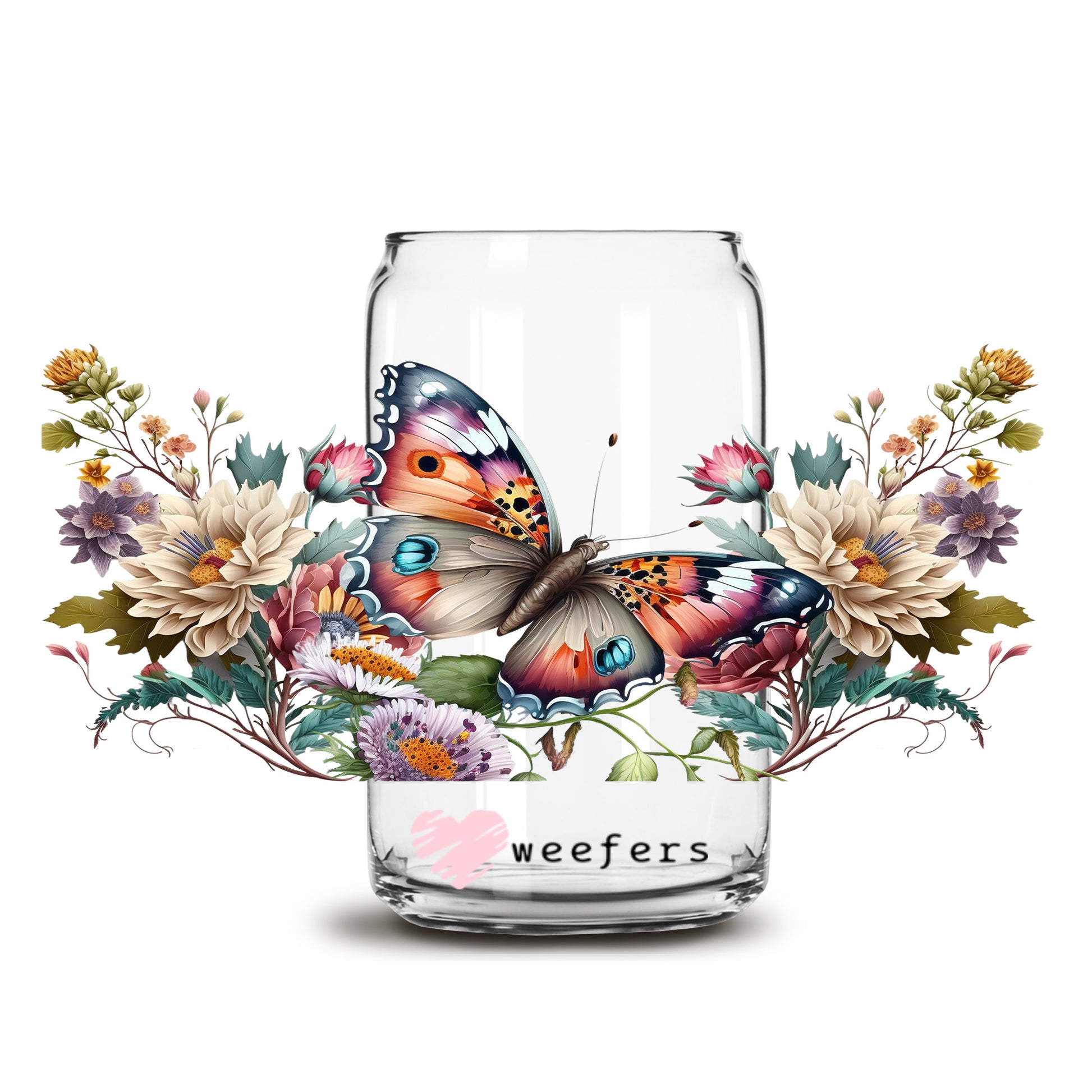 Butterfly Floral 16oz Libbey Glass Can UV DTF or Sublimation Decal Transfer - Weefers