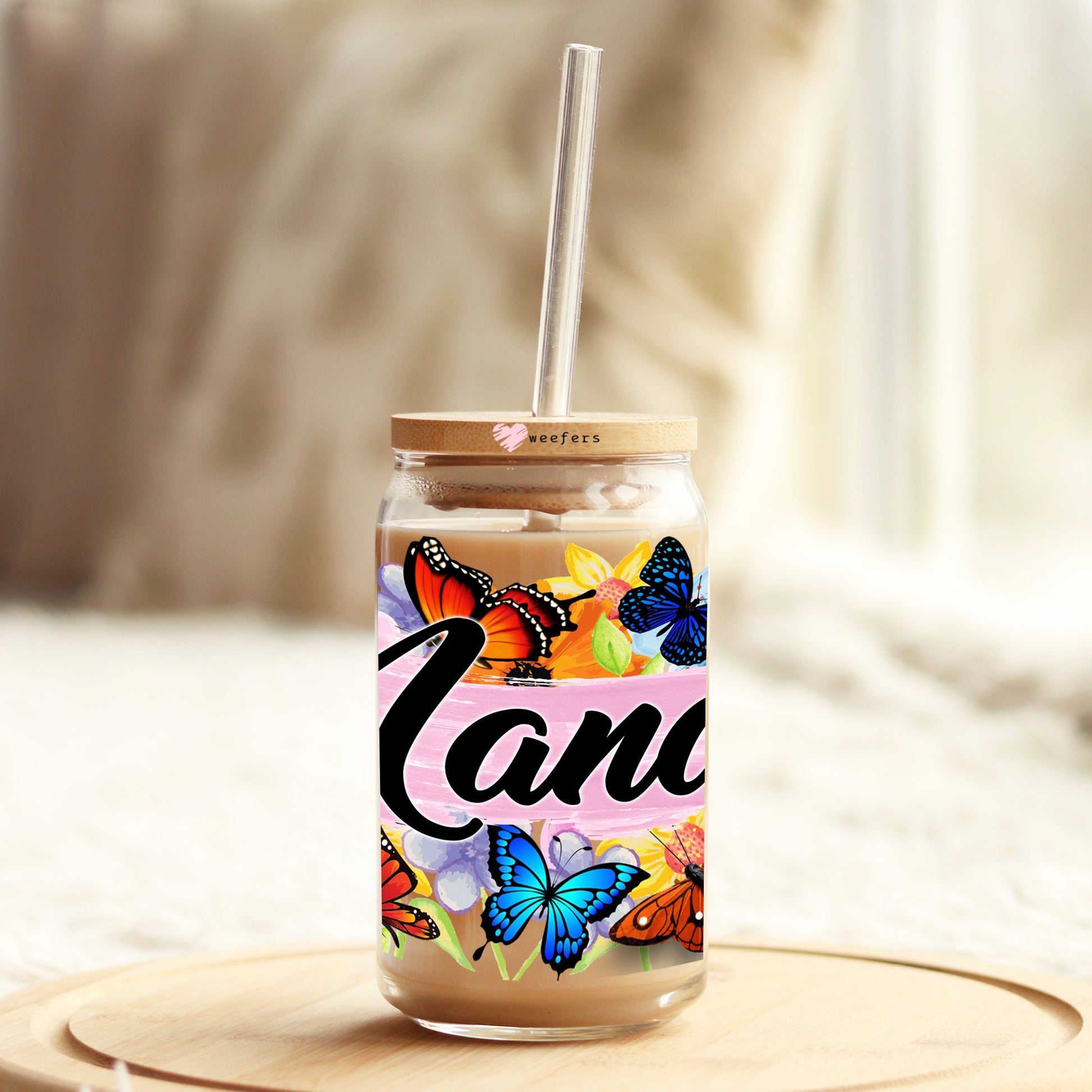 Nana Colorful Butterflies 16oz Libbey Glass Can UV DTF or Sublimation Wrap Decal Transfer - Weefers