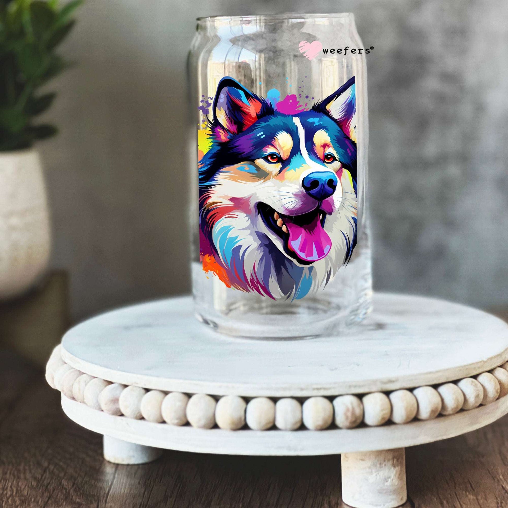 Alaskan Malamute Colorful Watercolor 16oz Libbey Glass Can UV DTF or Sublimation Wrap - Decal - Weefers