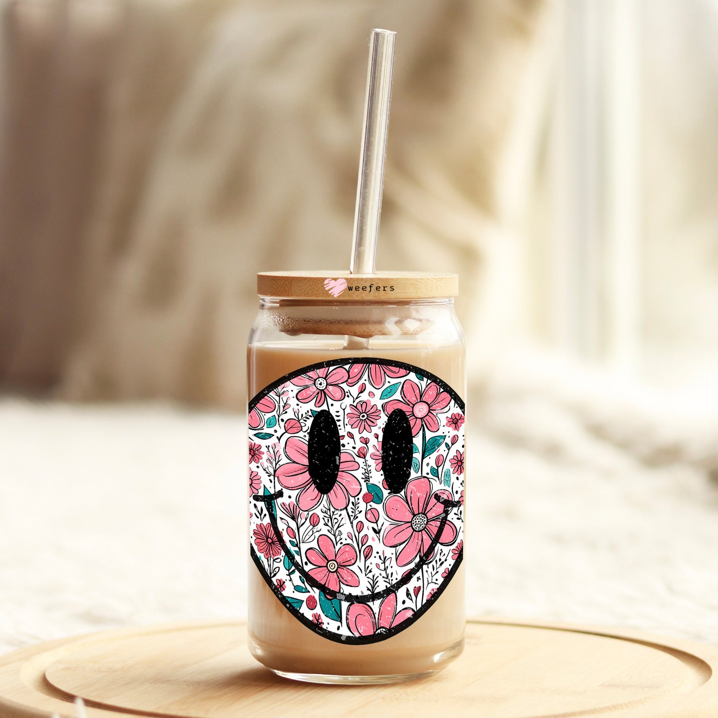 Floral Smile Face 16oz Libbey Glass Can UV DTF or Sublimation Wrap Decal Transfer - Weefers