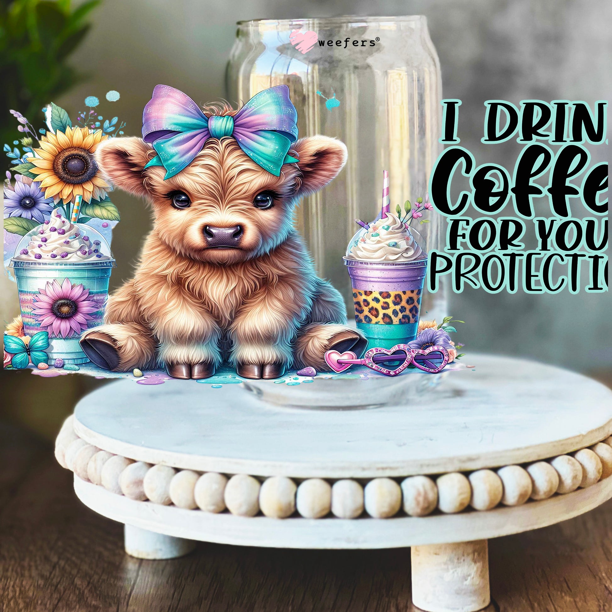 I Drink Coffee for Your Protection Highlander Cow 16oz Libbey Glass Can UV DTF or Sublimation Wrap Decal Transfer - Weefers