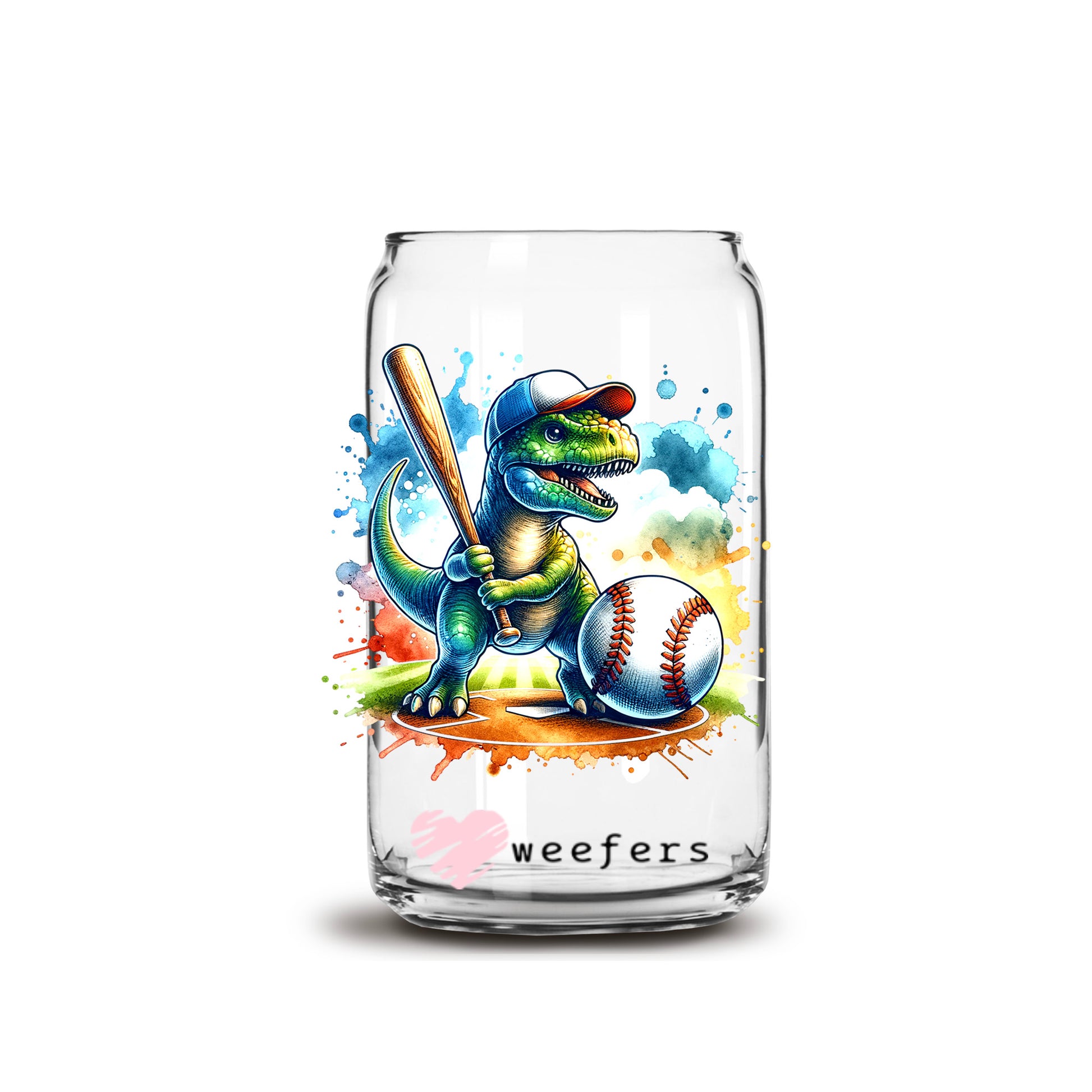 Baseball Dinosaur 16oz Libbey Glass Can UV DTF or Sublimation Decal Transfer - Weefers